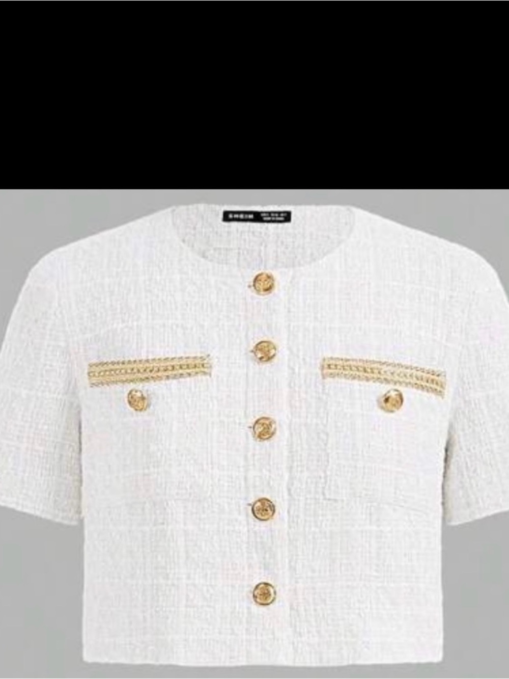SHEIN White Tweed Cropped Jacket with Gold Buttons